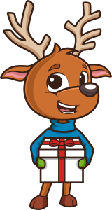 Donner - reindeer with blue sweater holding a present