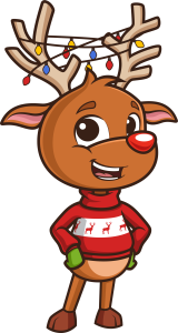 Rudolph - reindeer wearing red sweater with Christmas lights in his antlers