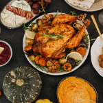 Thanksgiving meal on a table.