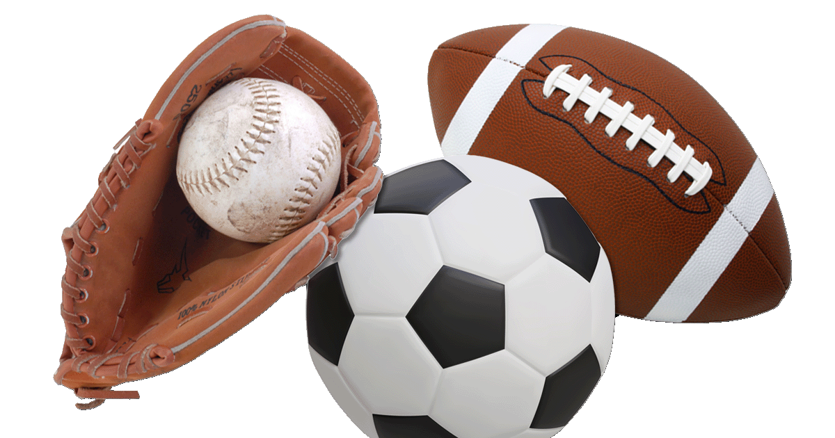 Image of a softball and glove, a football and a soccer ball to illustrate spring sports from Bryan Parks and Recreation.