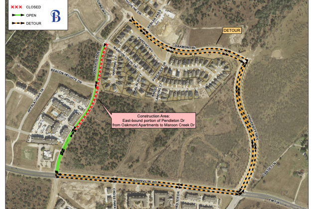 Map showing the part of Pendleton Drive will be closed from Jan. 30 – March 10.