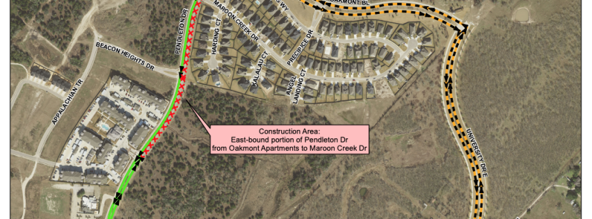 Map showing the part of Pendleton Drive will be closed from Jan. 30 – March 10.