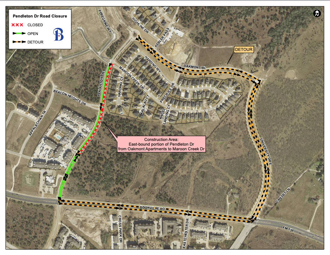 Map showing the part of Pendleton Drive will be closed from Feb. 20 – March 17.