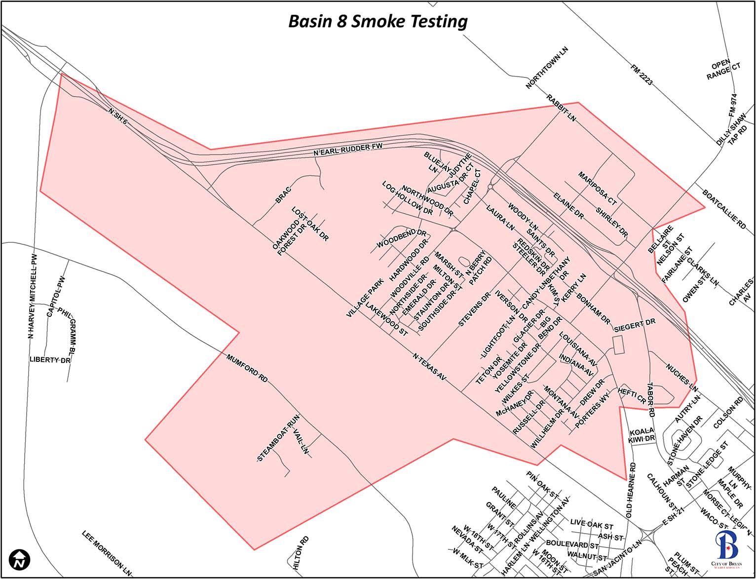 Map showing where smoke testing will continue intermittently through March and April in the following areas: Alabama Avenue, Allen Circle, Arizona Avenue, Augusta Court, Augusta Drive, Bethany Drive, Big Bend Drive, Big Horn Drive, Bluejay Lane, Bonham Drive, Brac, Buccaneer Trail, Caleb Court, Candy Lane, Cardinal Drive, Chapel Court, Charleston Street, Chisholm Trail, Christopher Circle, Clarks Lane, Conquest Circle, Contreras Lane, Creekwood Drive, Doorman Court, Drew Drive, Driftwood Drive, Eastwood Court, Elaine Drive, Elkhorn Trail, Emerald Drive, Falcon Drive, FM 974, Forest Hills Court, Foxwood Drive, Georgia Avenue, Glacier Drive, Hardwood Drive, Hefti Circle, Highwood Lane, Indian Trail, Indiana Avenue, Iverson Drive, Judythe Court, Judythe Drive, Kerry Lane, Keystone Circle, Keystone Drive, Kim Street, Lakewood Street, Laura Lane, Lightfoot Lane, Log Hollow Drive, Lost Oak Drive, Louisiana Avenue, Maggie Street, Malvern Street, Margaret Street, Mariposa Court, Marsh Street, McHaney Drive, Mckenzie Street, Messenger Way, Milton Street, Minnesota Avenue, Missouri Avenue, Montana Avenue, Mossy Creek Court, Mumford Road, N. Berry Patch Road, N. Briar Hill Road, N. Earl Rudder Freeway, N. Mosswood Road, N. Texas Avenue, Nancy Street, Northside Drive, Northwood Drive, Nuches Ln, Oakwood Forest Drive, Oklahoma Avenue, Old Hearne Road, Oregon Trail, Orlan Drive, Patriot Drive, Porters Way, Rabbit Lane, Redcap Street, Redskin Drive, Robinhood Circle, Russell Drive, Saints Drive, Santa Fe Trail, Seahawk Drive, Sentinel Court, Sentry Court, Sherwood Drive, Shirley Drive, Siegert Drive, Skycap Street, Southside Drive, Staunton Drive, Steamboat Run, Steeler Drive, Stevens Drive, Tabor Road, Telluride Way, Tennessee Avenue, Teton Drive, Timberline Court, Timberline Drive, Vail Lane, Vikings Drive, Village Park, Watchman Court, Waterwood Lane, Wilkes Street, Willhelm Drive, Woodbend Drive, Woodknoll Drive, Woodville Road, Woodward Drive, Woody Lane, Yellowstone Drive, and Yosemite Drive.