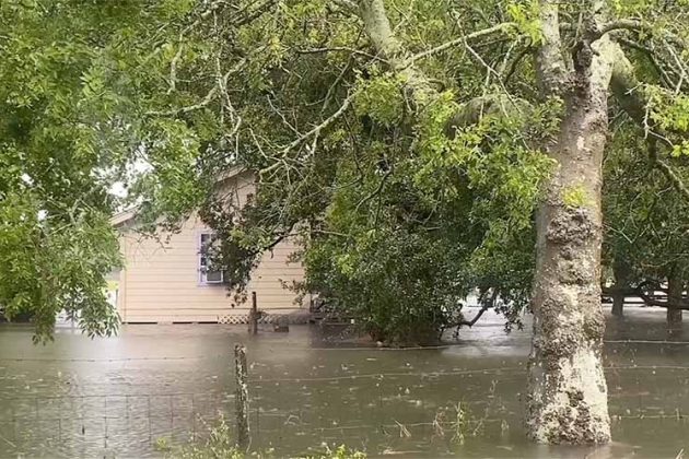 Flooding waters around a house and yard.