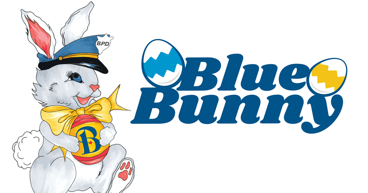 Image of the Easter Bunny wearing a Bryan Police Department hat promoting the Blue Bunny breakfast and egg hunt on April 1.