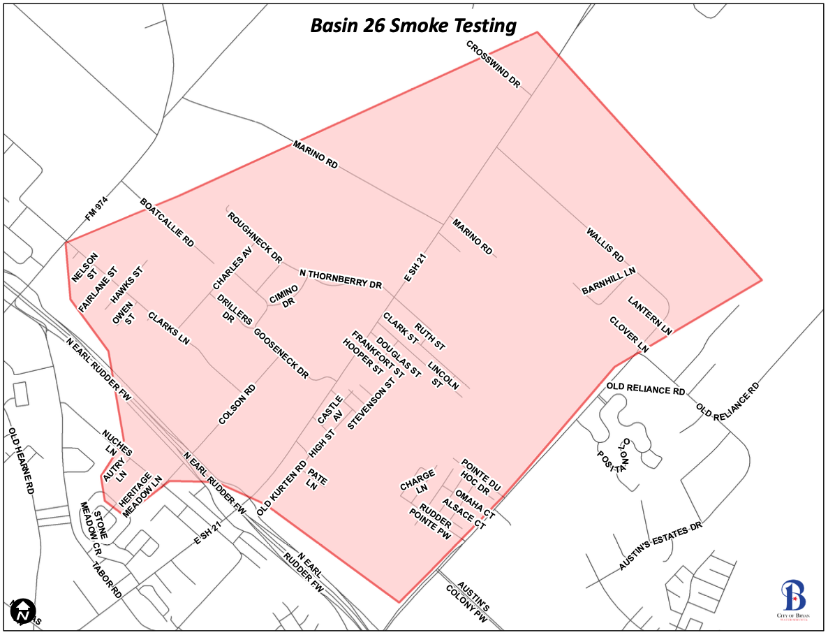 Testing could continue intermittently through the end of April in the following area: Bellaire Street, Nelson Street, Fairlane Street, Hawks Street, Owen Street, Maurine Street, Charles Avenue, Drillers Drive, Colson Road, N. Thornberry Drive, N. Earl Rudder Freeway, Wallis Road, E. State Highway 21, Pate Lane, Castle Avenue, High Street, Conner Street, George Street, Tisdale Street, Mason Street, Stevenson Street, Old Kurten Road, Hooper Street, Stark Street, Frankfort Street, Douglas Street, Heights Street, Lincoln Street, Charge Lane, Brady Court, Rudder Pointe Parkway, Tarleton Court, Alsace Court, Omaha Court, Utah Court, Normandy Way, Old Reliance Road, Clover Lane, Lantern Lane, and Barnhill Lane.