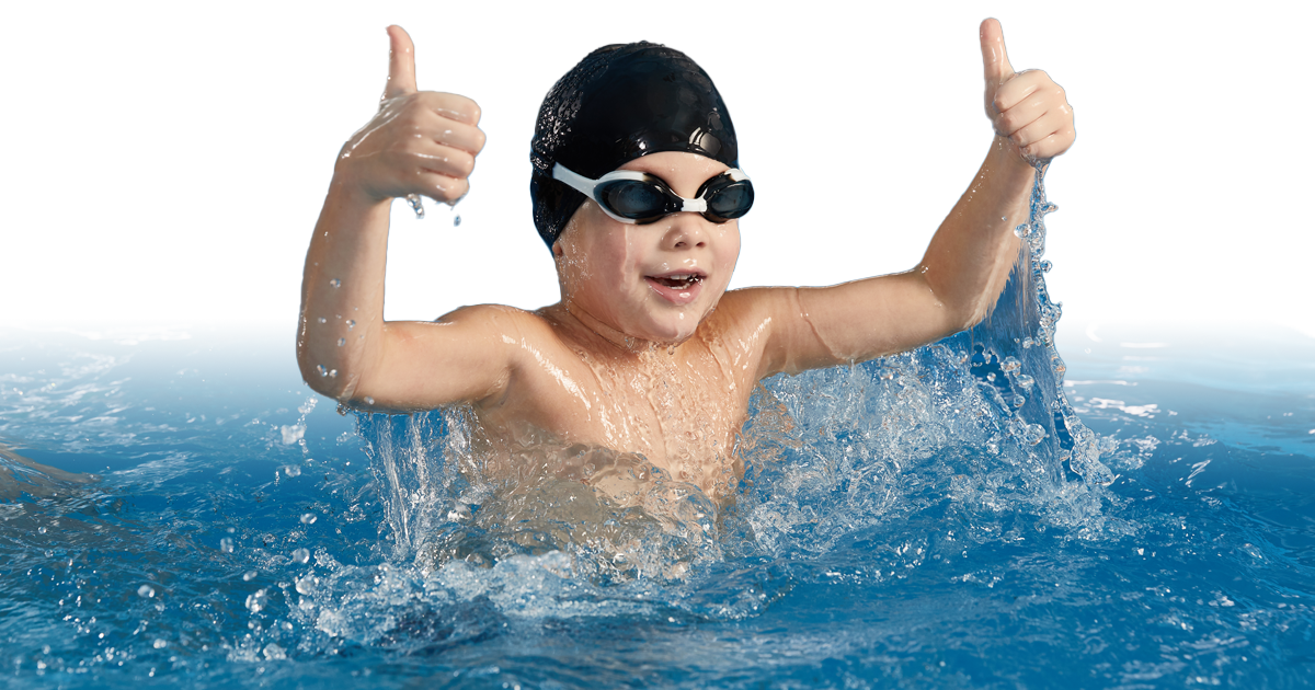 Image of a child holding his thumbs up because he has learned to swim through swim lessons provided by Bryan Parks and Recreation.