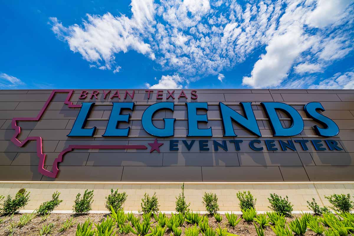 Exterior view of the Legends Event Center and its logo signage.