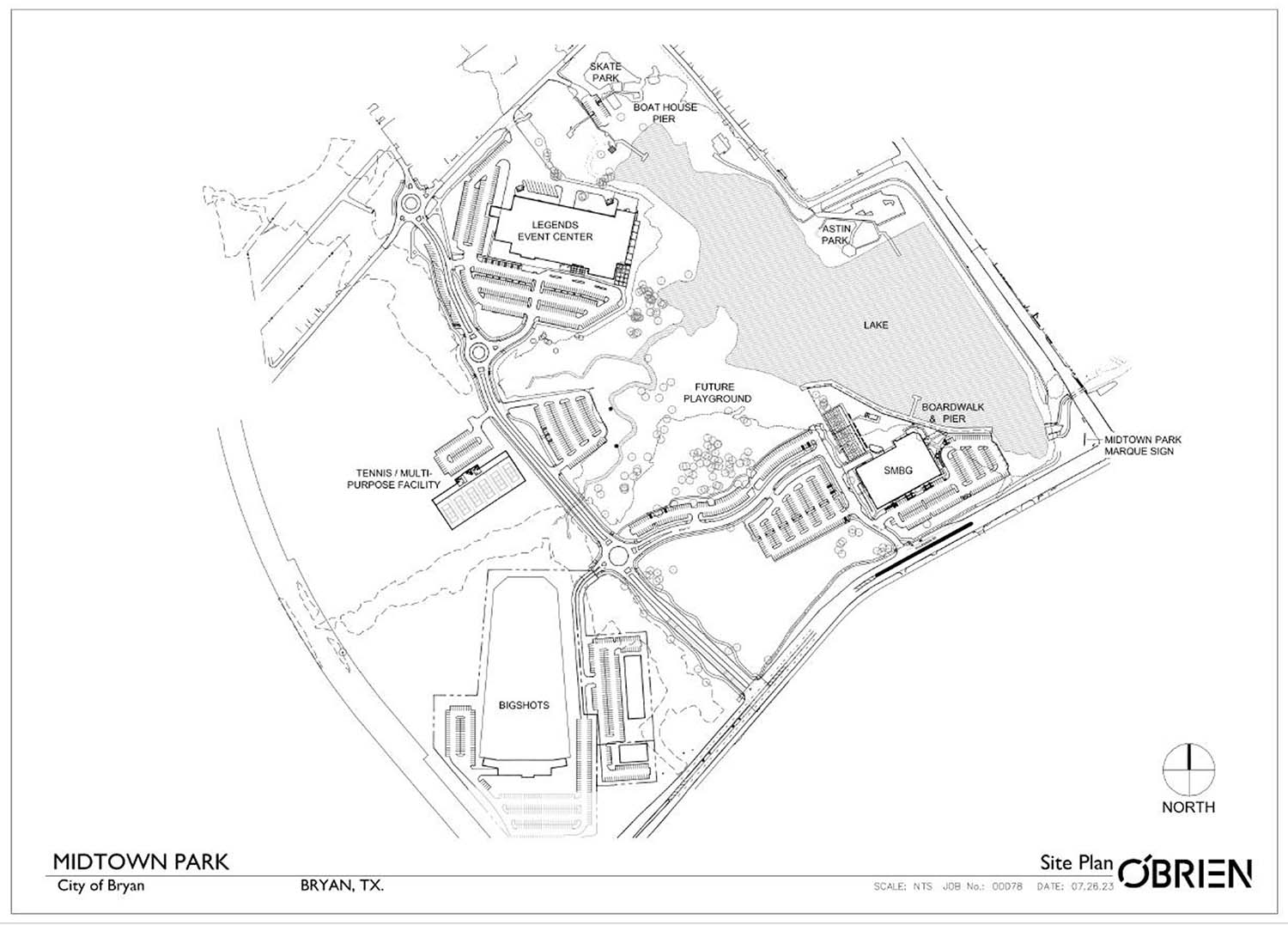 Map of Midtown Park showing the location of the Texas A&M University Tennis Facility.