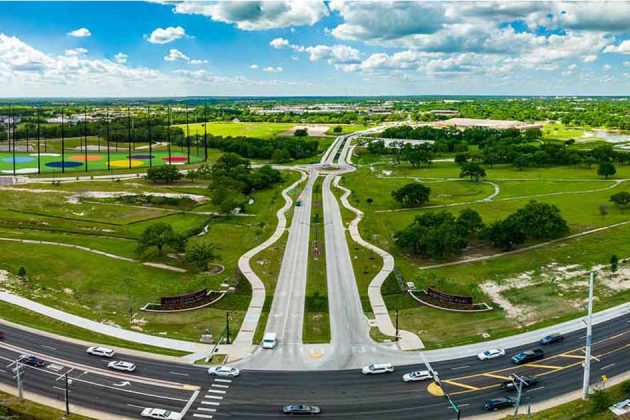 Panoramic photo of Midtown Park as seen from the south at the main entrance.