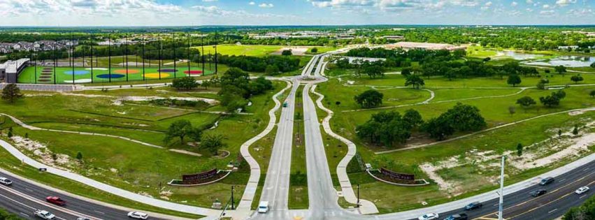 Panoramic photo of Midtown Park as seen from the south at the main entrance.