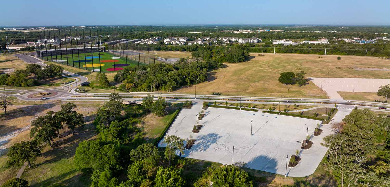 Aerial photo in Midtown Park showing the location where the Texas A&M University Tennis Facility will be located.