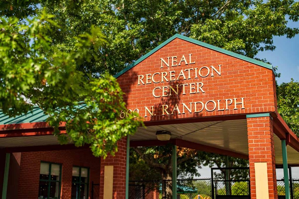 Exterior photo of the front entrance of Neal Recreation Center at 600 N. Randolph Street in Bryan.