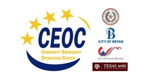 Brazos County CEOC logo with logos of Brazos County, City of Bryan, City of College Station, and Texas A&M University