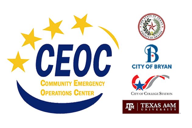 Brazos County CEOC logo with logos of Brazos County, City of Bryan, City of College Station, and Texas A&M University