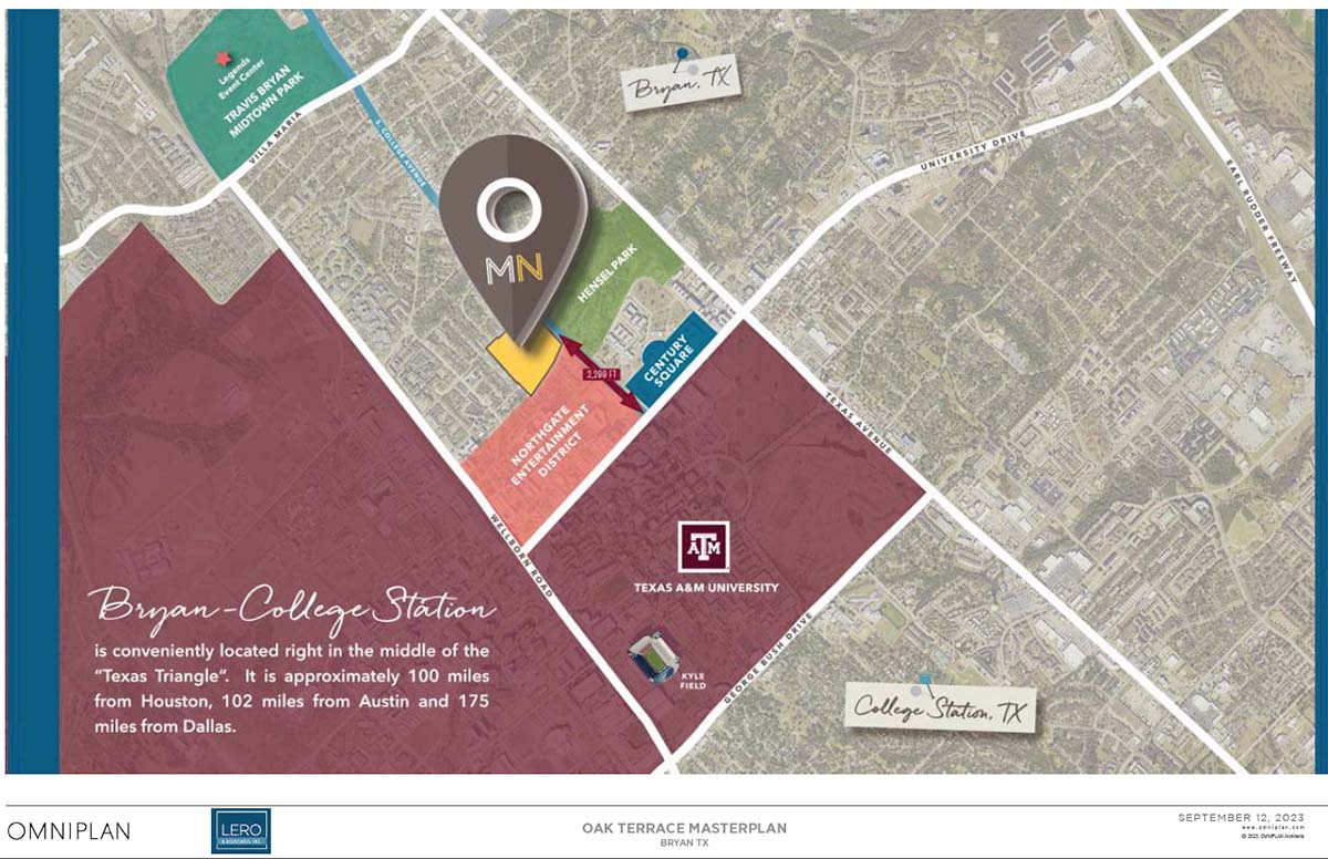 A map showing the location of a proposed redevelopment project in Bryan located on South College Avenue across from Hensel Park.