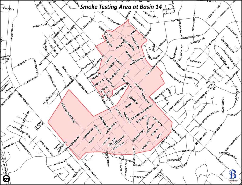 smoke testing area map of basin 14 in Bryan.