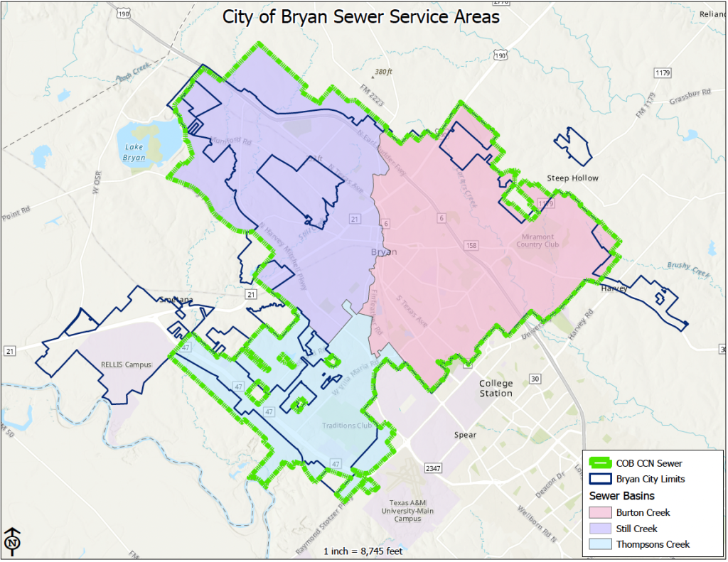 Map showing the City of Bryan Sewer Service Areas.
