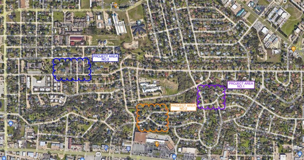 Map showing work areas of the Wayside - Carter Creek Storm Sewer Improvements Project.