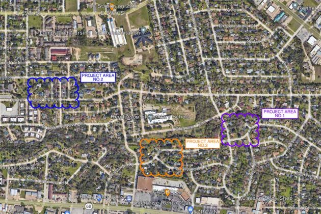 Map showing work areas of the Wayside - Carter Creek Storm Sewer Improvements Project.