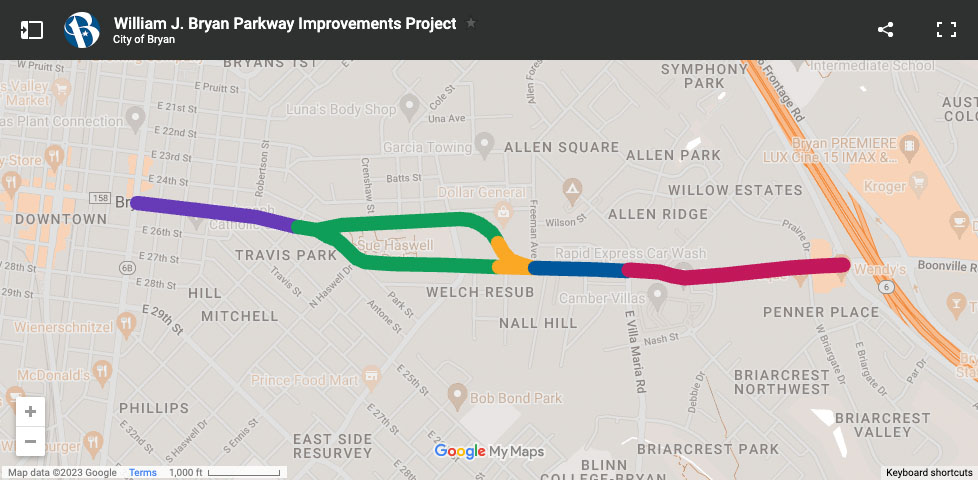 William J. Bryan Improvements Project Google map image showing the various work zones.