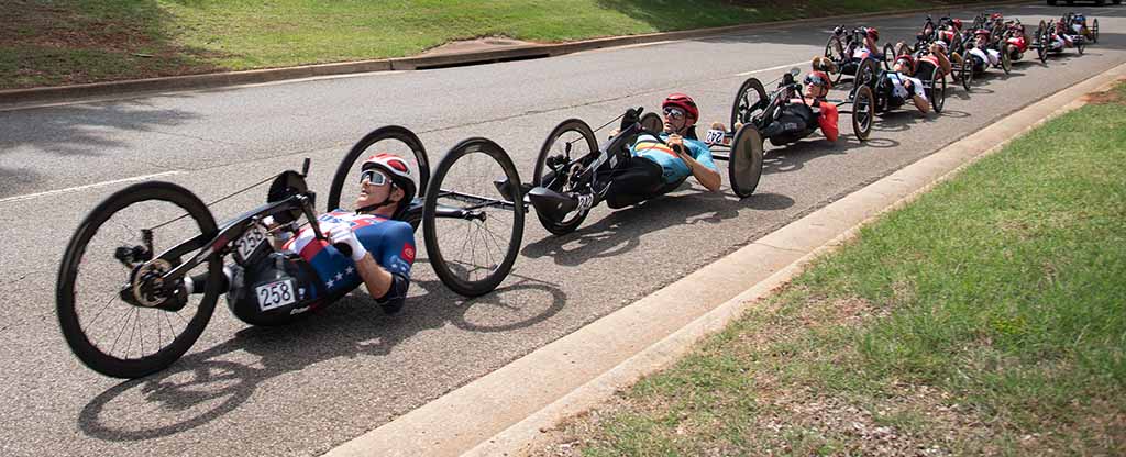 Paracycling competitors race in the UCI road race in Huntsville, Alabama in 2023.