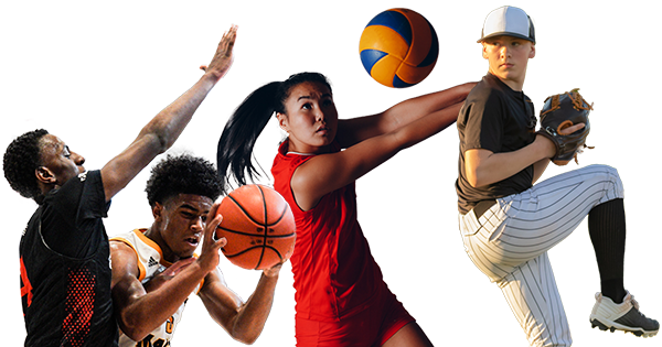 photo collage to two young men playing basketball, a young woman setting a volleyball, and a young man pitching a baseball.