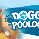 Doogie Poolooza logo next to a dog wearing sunglasses and floating in a pool tube