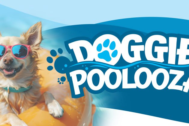 Doogie Poolooza logo next to a dog wearing sunglasses and floating in a pool tube