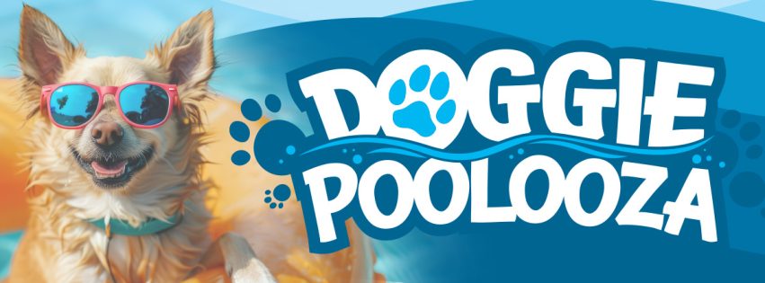 Doogie Poolooza logo next to a dog wearing sunglasses and floating in a pool tube