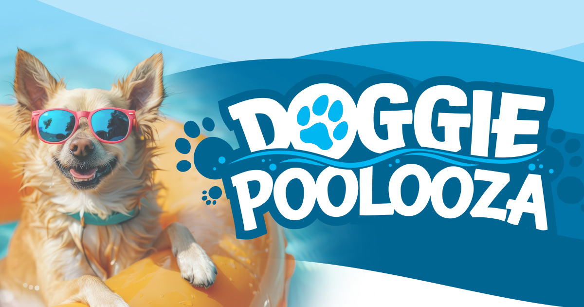 Doogie Poolooza logo next to a dog wearing sunglasses and floating in a pool tube
