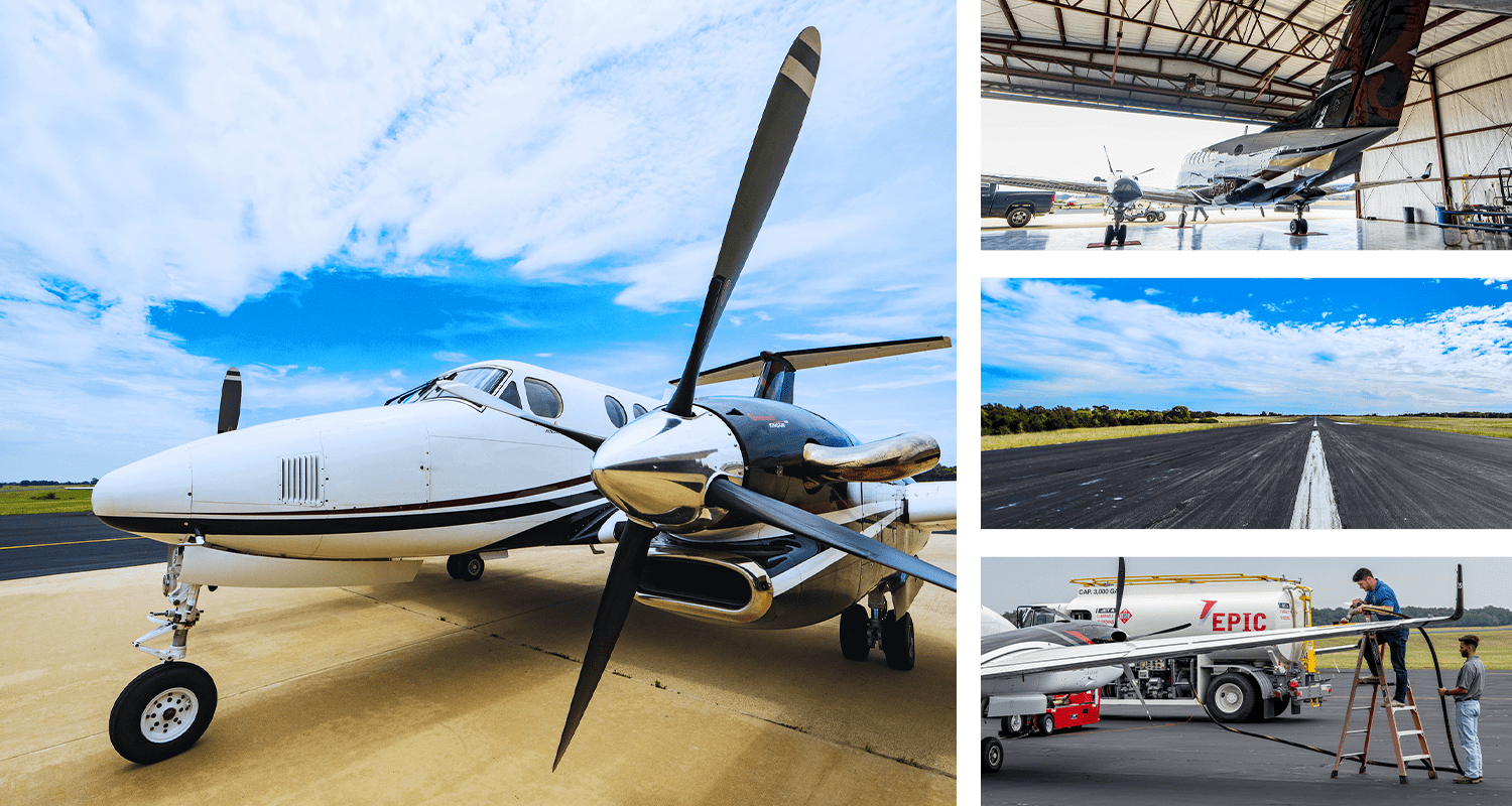 Photos of Coulter Airfield amenities: fueling station serviced by staff, large luxury hangars, clean runways