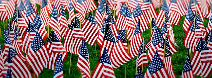 field containing a large number of small American flags staked into the grass
