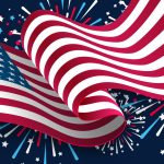 American flag flying with illustrative fireworks behind