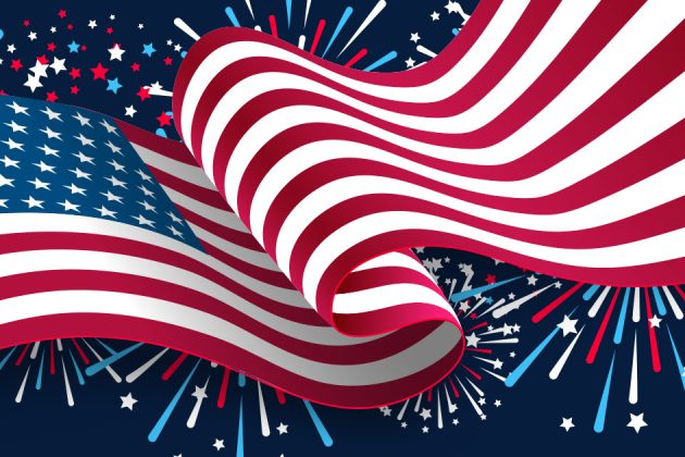 American flag flying with illustrative fireworks behind