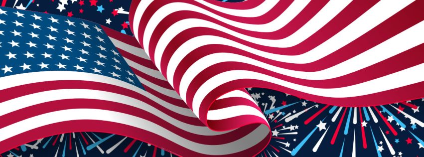 American flag flying with illustrative fireworks behind