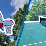 new basketball goal next to a newly surfaced tennis court outlined in bold white