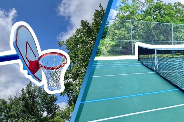new basketball goal next to a newly surfaced tennis court outlined in bold white