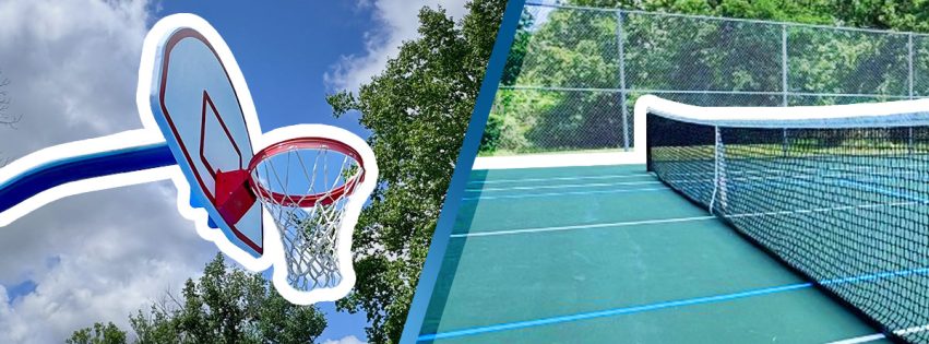 new basketball goal next to a newly surfaced tennis court outlined in bold white