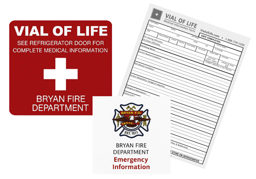 Items included in the Vial of Life program: sticker on your front door to alert emergency responders that the Vial of Life is inside and medical information packet
