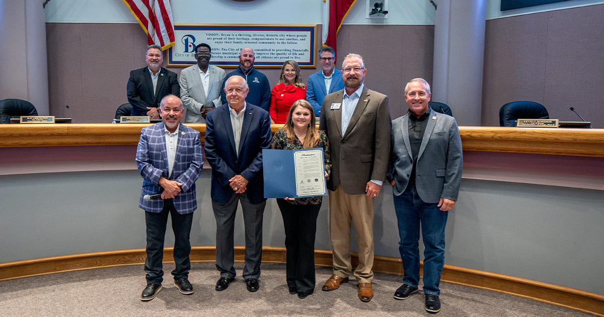 Bryan City Council presenting a proclamation to the Brazos Valley Veterans Memorial Board recognizing their 25th anniversary
