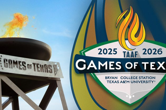 Games of Texas tower with lit torch burning bright