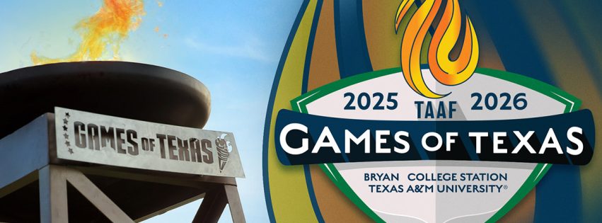 Games of Texas tower with lit torch burning bright
