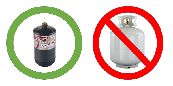 Example of a small (less than 2.5 lb.) vs a large (over 2.5 lb.) LP gas container