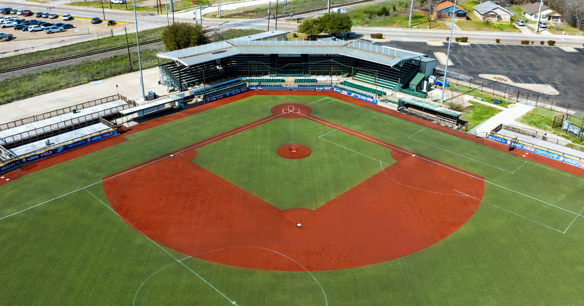 Travis Major Field aerial view of baseball diamond and stands