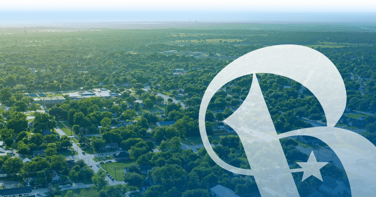 Aerial view of Bryan with streets and trees