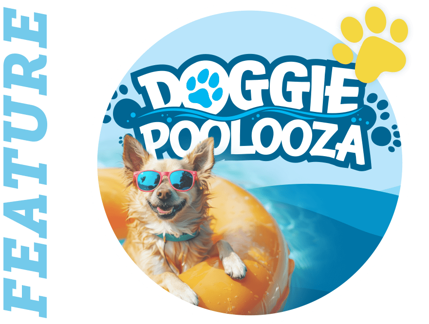 Doogie Poolooza logo next to a dog wearing sunglasses and floating in a pool tube