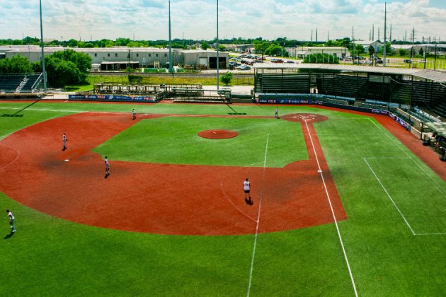 Travis Major Field aerial view of baseball diamond and stands with players on the field