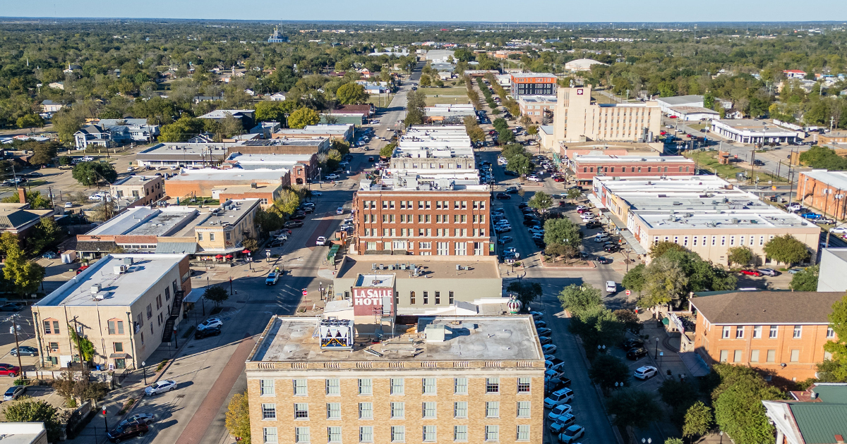 aerial view of downtown looking North down Main St. and Bryan Ave.